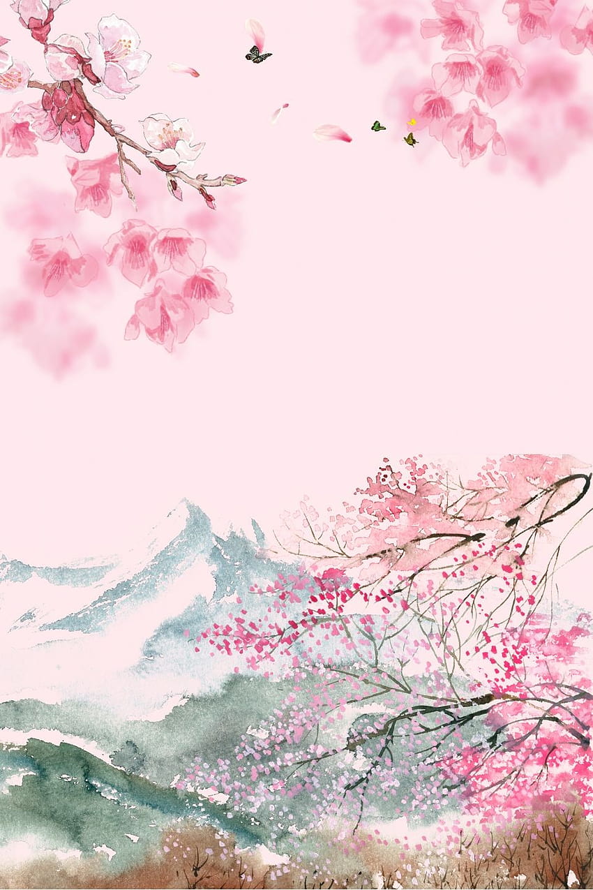 Psd de visualización de flor de cerezo de estilo chino rosa en capas H5, árbol de melocotón de anime fondo de pantalla del teléfono