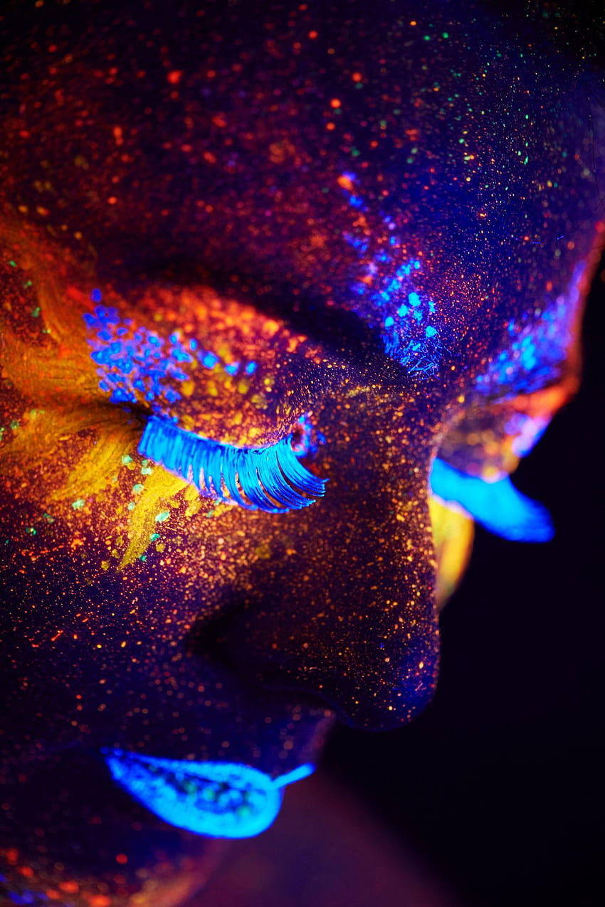 Nahaufnahme UV-Porträt, Neon-Make-up-Schwarzlicht HD-Handy-Hintergrundbild