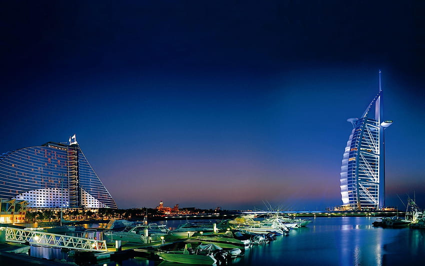 พื้นหลัง ดูไบ Burj Al Arab และ Jumeirah Beach Hotel กลางคืน, วิวกลางคืน วอลล์เปเปอร์ HD