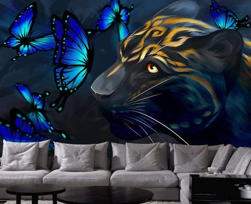 Wall Mural 3D Panther Blue Glowing Butterfly Hand Painted Oil Painting for Walls Living Room Bedroom Tv Backgrounds Wall Decoration Art 400cm×280cm HD wallpaper