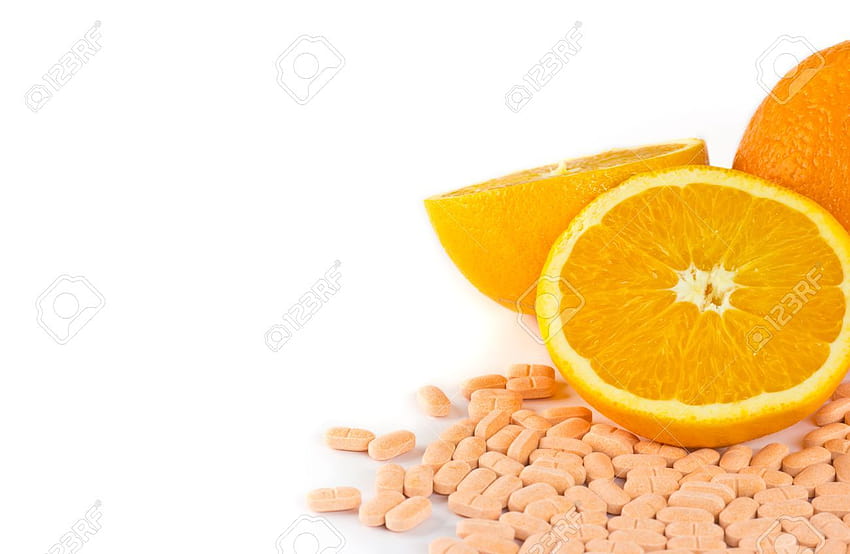 Fruta laranja com comprimido de vitamina C em estoque de fundos brancos [1300x848] para seu celular e tablet papel de parede HD