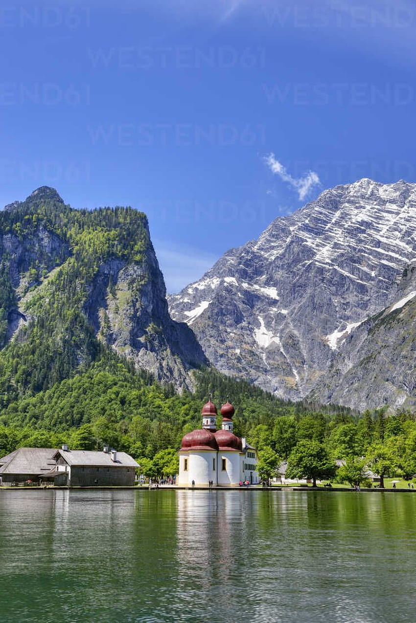 Германия, Бавария, Berchtesgadener Land, St. Bartholomew at Lake Koenigssee, Lake Koenigssee Bavaria HD тапет за телефон