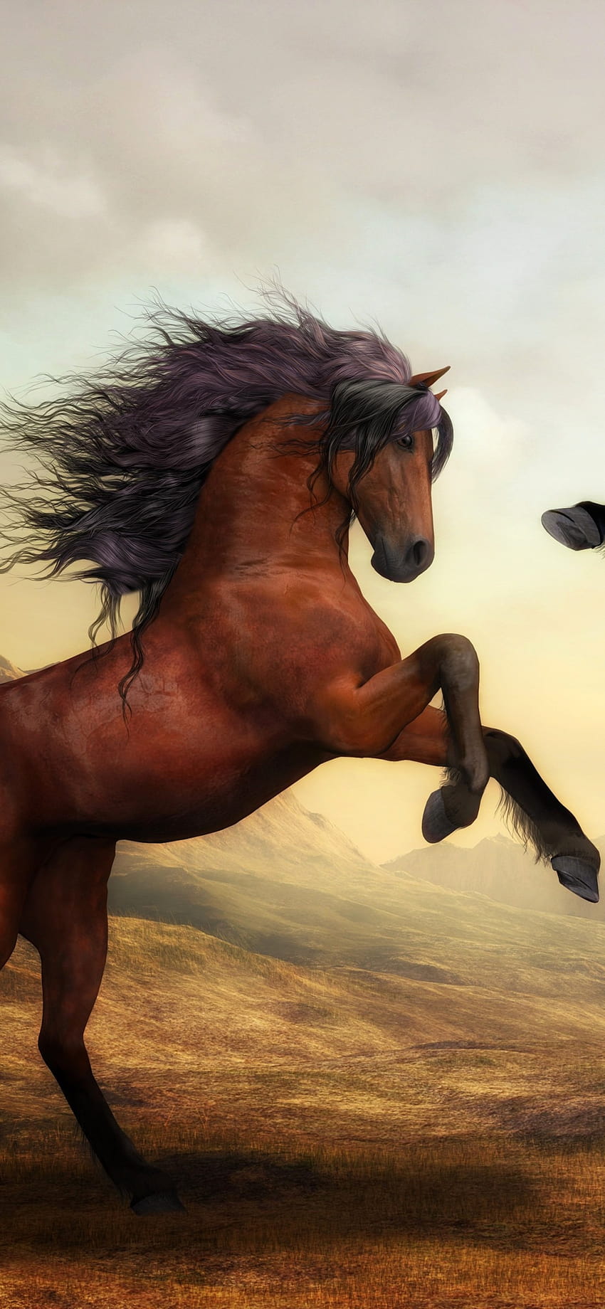 Wilde Pferde, Paar, braune Pferde, Hengst, digitale Farbe, Tiere, Morgan-Pferd HD-Handy-Hintergrundbild