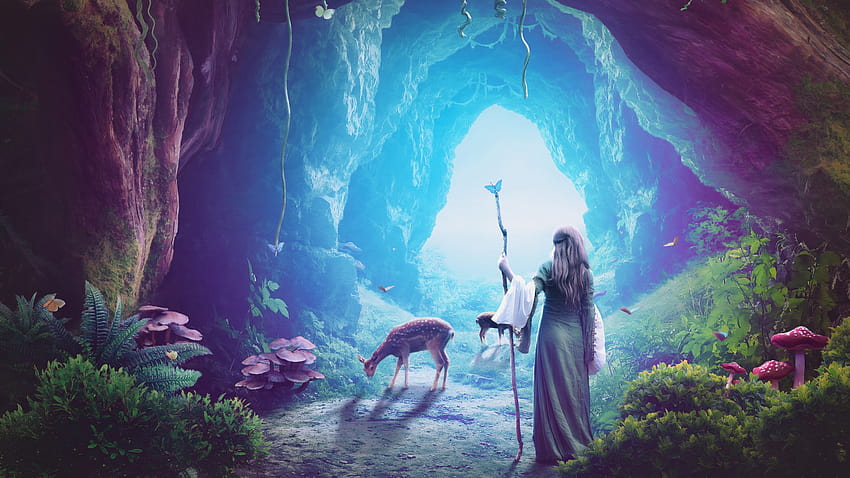 2560x1600 Heaven Cave Girl Deer Fantasy Art 2560x1600 Resolution , Backgrounds, and, fantasy cave HD wallpaper
