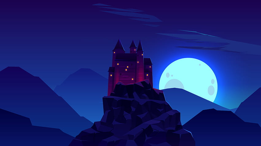 : artwork, castle, mountains, Moon, rock, night, minimalism 7680x4320, minimalist moon night mountains HD wallpaper
