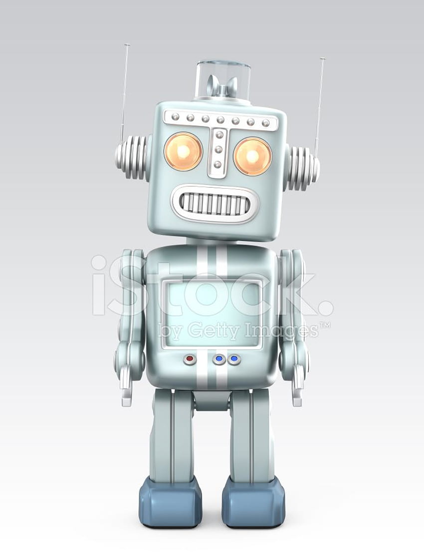 Robot vintage de pie aislado en stock de s grises, cromo robot retro fondo de pantalla del teléfono