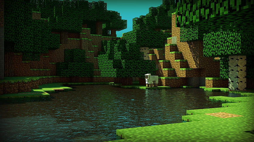Water trees sheep Minecraft skyscapes cinema 4d terrain tapeta, ps3 anime minecraft HD wallpaper