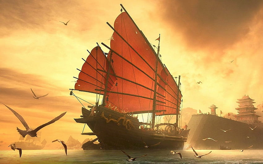 Fantasy Ship Boat Art 삽화 Ocean Sea At Fantasy, 정크 보트 HD 월페이퍼