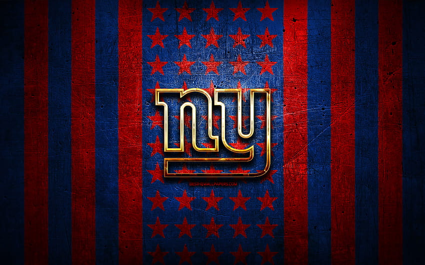 ธง New York Giants, NFL, พื้นหลังโลหะสีน้ำเงินแดง, ทีมอเมริกันฟุตบอล, โลโก้ New York Giants, สหรัฐอเมริกา, อเมริกันฟุตบอล, โลโก้สีทอง, New York Giants, NY Giants ด้วยความละเอียด, ฟุตบอลยักษ์ใหญ่ วอลล์เปเปอร์ HD