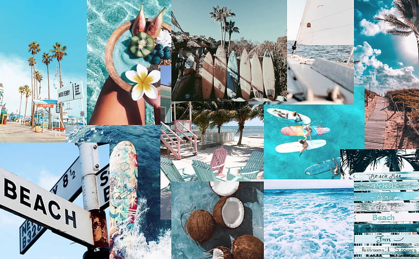 Blue Beach Aesthetic Collage Laptop, colagem suave de verão papel de parede HD