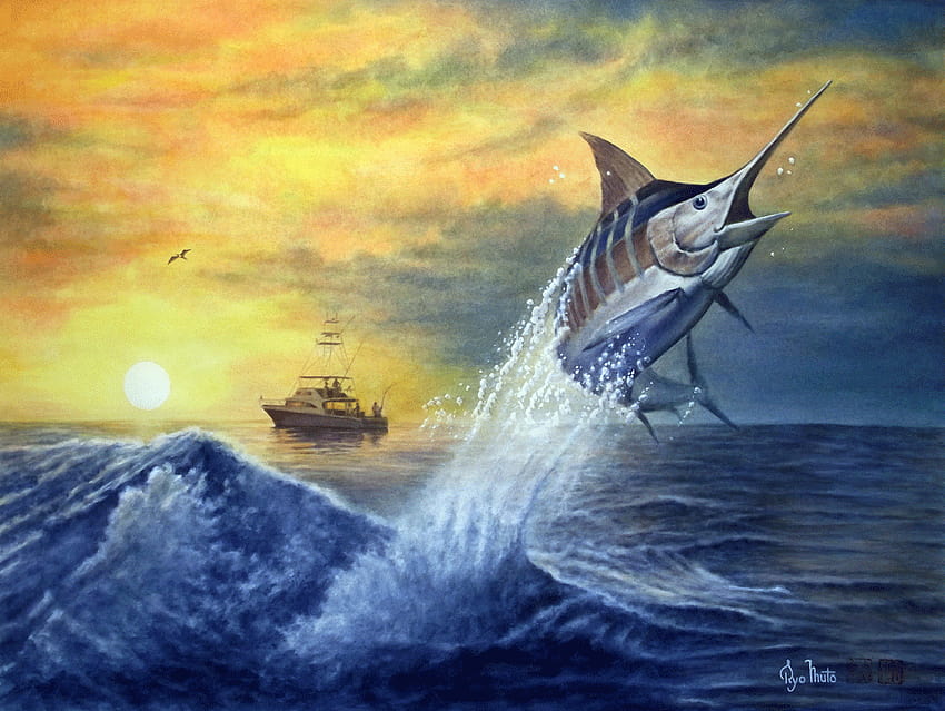 2 Marlin Fish, atlantic blue marlin HD wallpaper