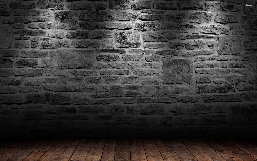 Parede de tijolos e piso de madeira, pedra preta papel de parede HD