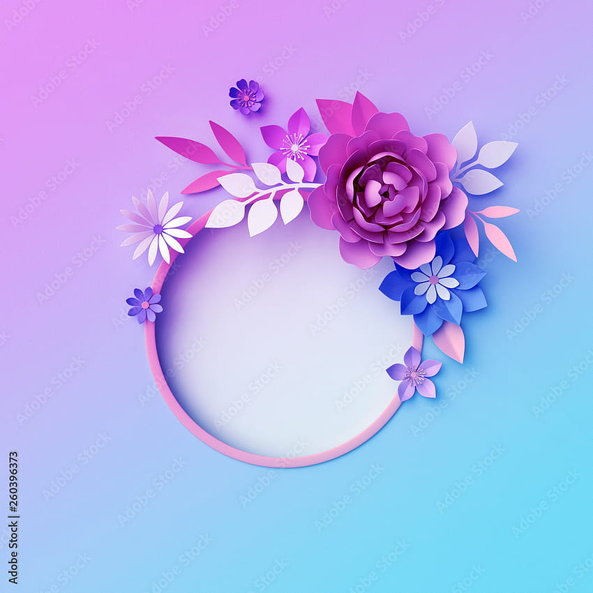 3d render, neon paper flowers, isolated round frame, wreath, pastel color botanical , greeting card template, minimal background, space for text, blank banner Stock HD phone wallpaper
