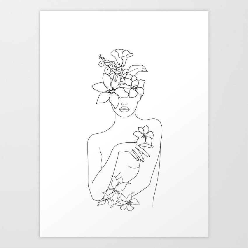 Minimal Line Art Woman with Flowers IV Art Print by Nadja, 여성 라인 꽃 HD 전화 배경 화면