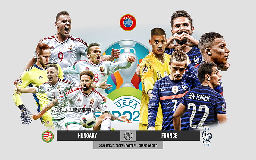 Hungría vs Francia, UEFA Euro 2020, vista previa, materiales promocionales, jugadores de fútbol, ​​Euro 2020, partido de fútbol, ​​equipo nacional de fútbol de Hungría, equipo nacional de fútbol de Francia con una resolución de 2880x1800. Alta calidad fondo de pantalla
