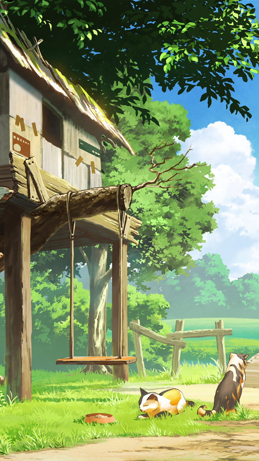 1080x1920 Paesaggio anime, casa sull'albero, gatti, nuvole, scenario anime iphone Sfondo del telefono HD