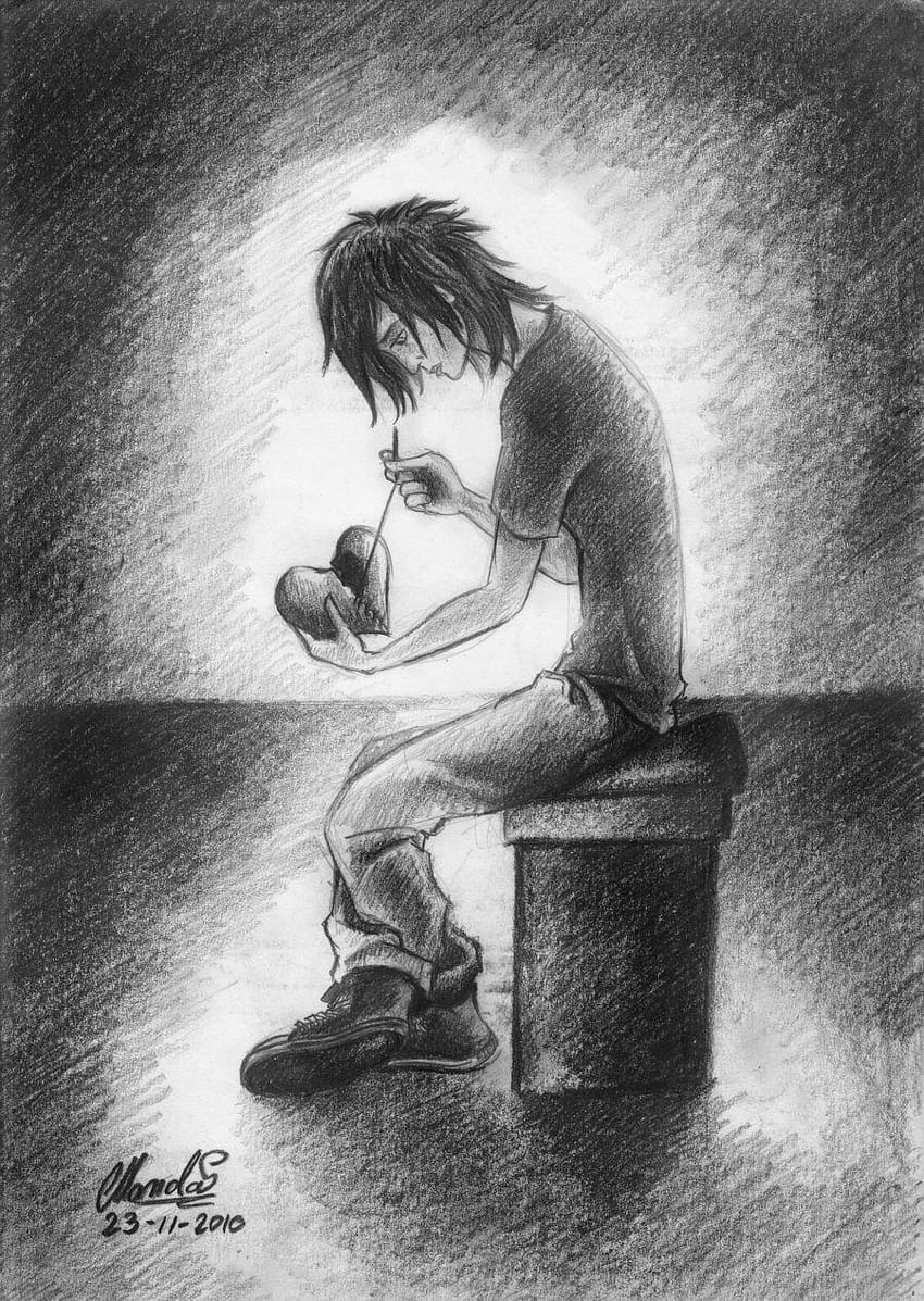 patah hati sedih, kartun, meng, sketsa, ilustrasi, hitam dan putih, duduk, grafik, monokrom, seni, karya seni, anak laki-laki anime patah hati wallpaper ponsel HD