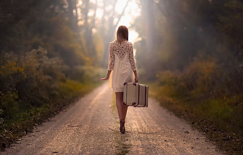 road, girl, the way, suitcase , section ситуации, girl on road HD wallpaper