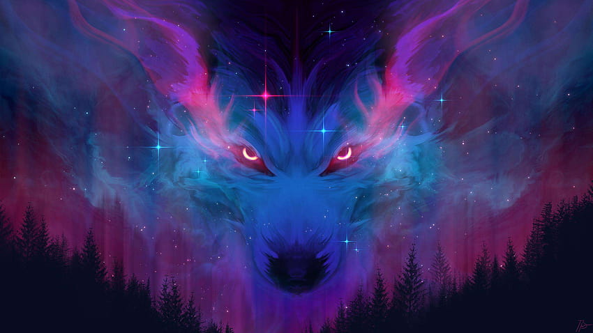 黒と紫のオオカミ、紫と赤 高画質の壁紙
