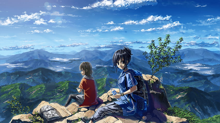 Anime Landscape, Mountains, Clouds, Sky, Girl, Hiking, anime girl ...