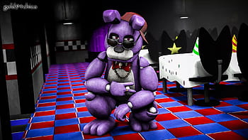 Digital, cartoon, modern japanese anime, an up close head and shoulder shot  of, fnaf, bonnie the bunny, wearing a purple tuxedo, with a red curtain  backdrop, high quality, 4k definition, perfectly detailed