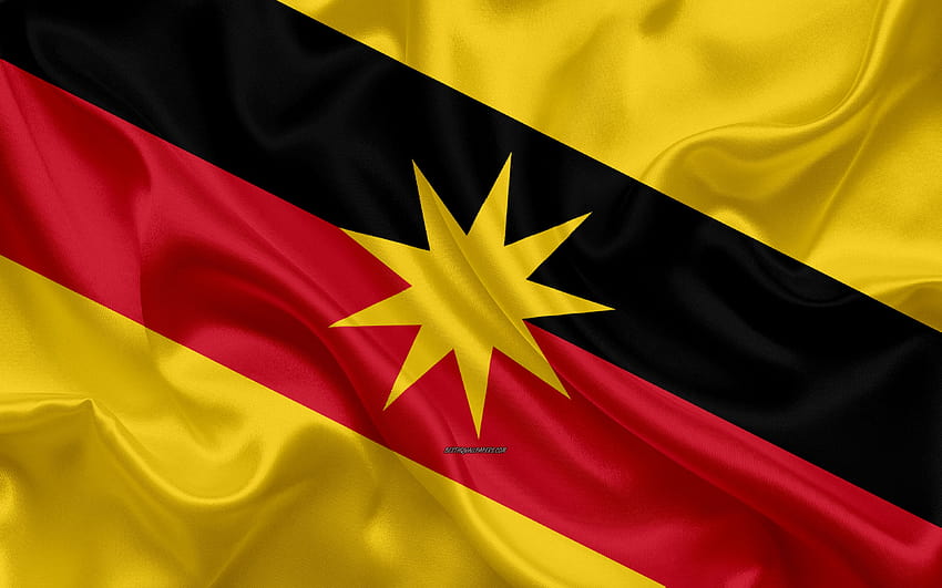 Bandeira de Sarawak, textura de seda, símbolos nacionais, vermelho amarelo preto seda bandeira, Estados da Malásia, brasão de armas, Sarawak, Malásia, Ásia com resolução 3840x2400. Alta qualidade papel de parede HD