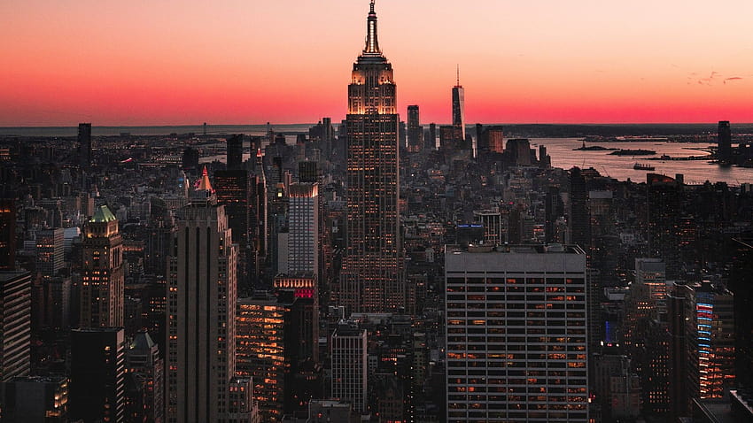Empire State Building, rascacielos, ciudad de Nueva York, puesta de sol, paisaje urbano, horizonte, urbano, mundo, paisaje urbano de rascacielos de nueva york 2020 fondo de pantalla