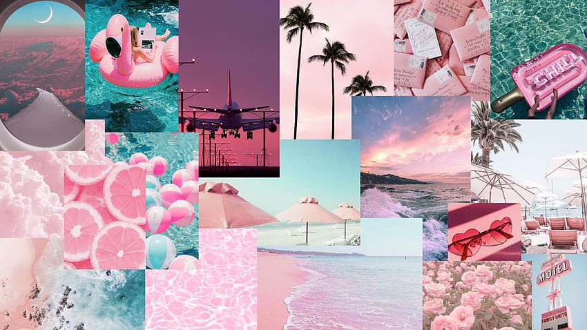 Sommer-Collage-Laptop, rosa Sommer-Laptop HD-Hintergrundbild