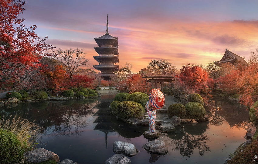 autumn, landscape, sunset, nature, pond, stones, woman, Japanese, the evening, Japan, garden, pagoda, Kyoto , section пейзажи, japaneses autumn HD wallpaper