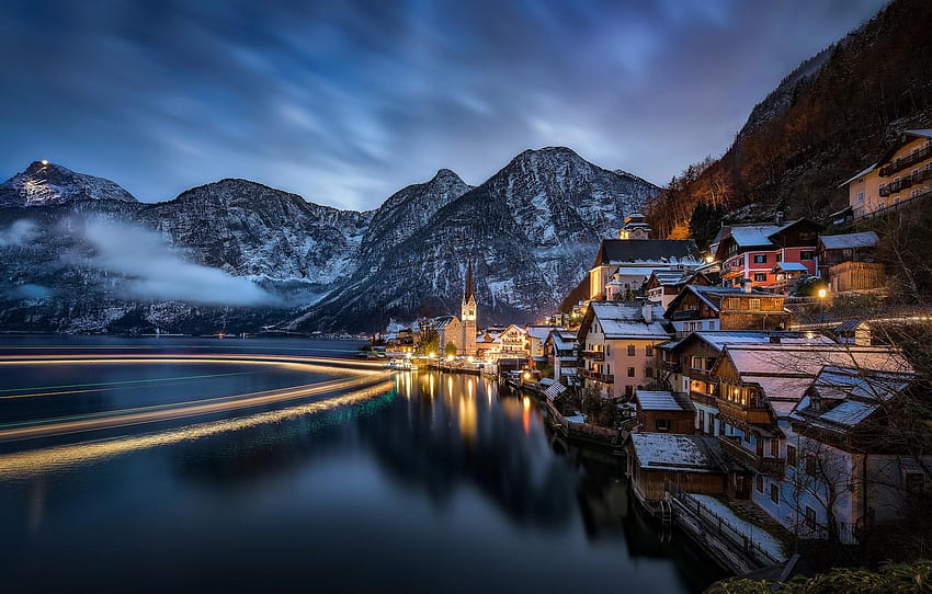 paesaggio, montagne, notte, lago, casa, Austria, Alpi, hallstatt austria Sfondo HD