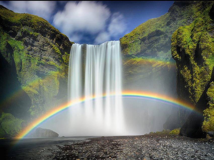 Rainbow Moss Rock Waterfall Skogafoss Waterfall, rocks waterfall HD wallpaper