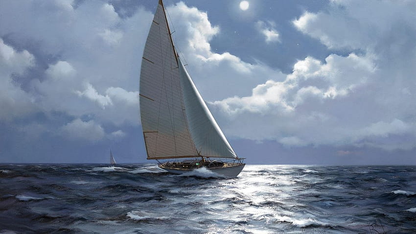 Ship sailboat painting sea beautiful sky moon art painting, sailboat artwork HD wallpaper