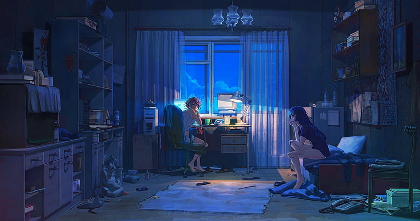 Yatak odalarında iki genç anime kızı 4096x2160 HD duvar kağıdı