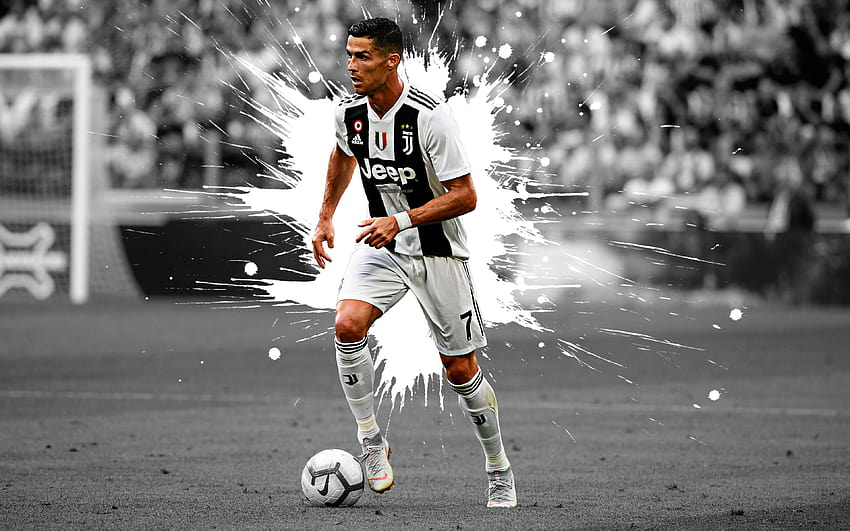 Cristiano Ronaldo, art, attaquant, Juventus FC, joueur de football portugais, star du football, éclaboussures de peinture en noir et blanc, art grunge, art créatif, Serie A, Italie, football avec résolution Fond d'écran HD