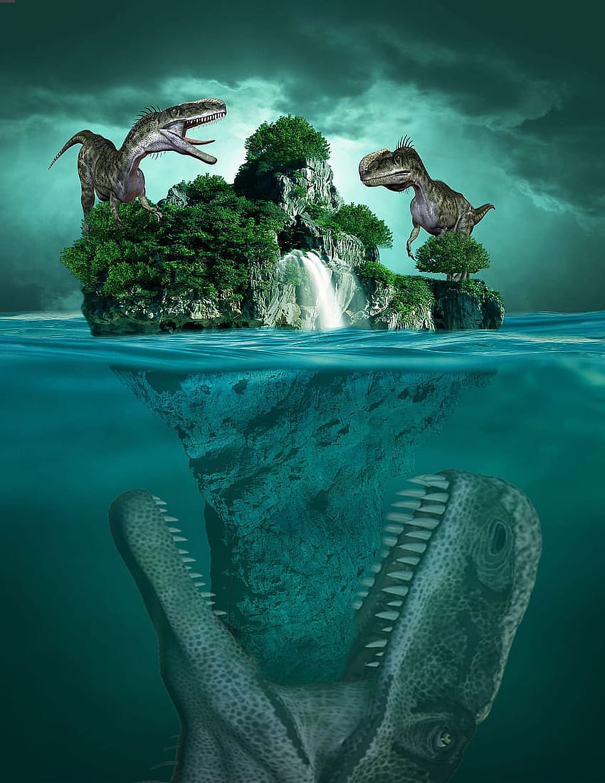: dinosaurs on island illustration, sea, ocean, sky, water dinosaur HD phone wallpaper