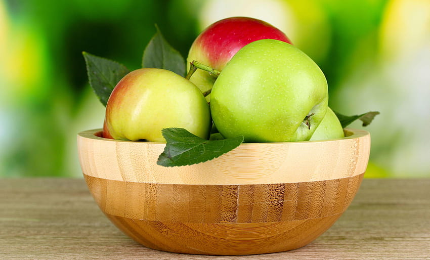 wooden bowl, fruit, green apples, bokeh, leaves HD wallpaper