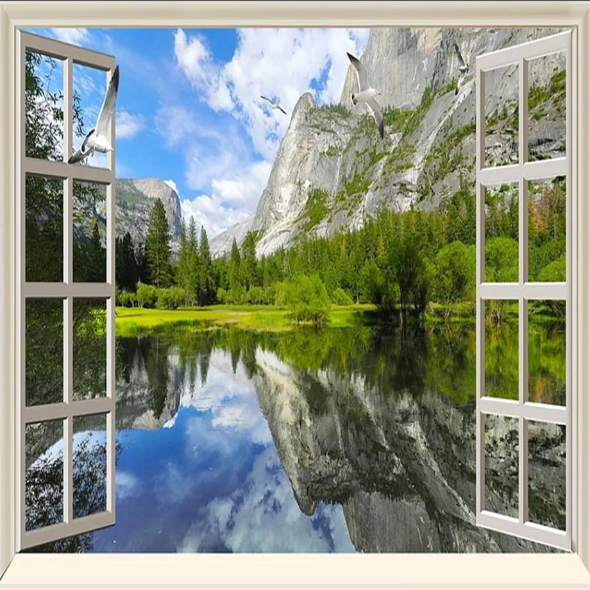 3D триизмерна пейзажна фонова стена с езерен и планински пейзаж извън прозореца HD тапет за телефон