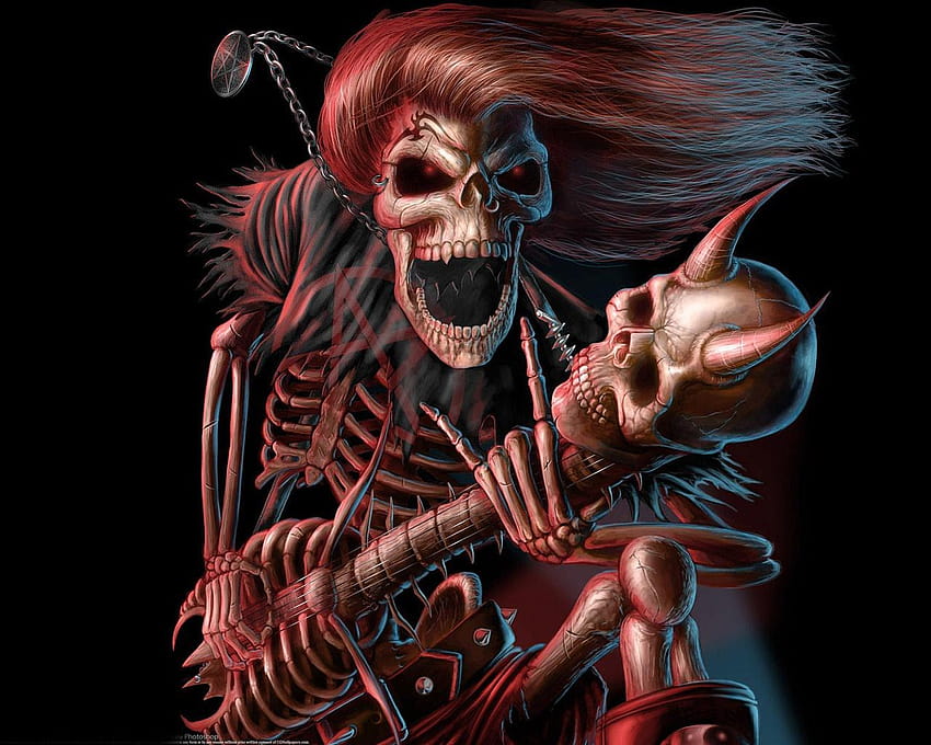 Skulls의 Pentagram이 있는 기타리스트, skull punk HD 월페이퍼