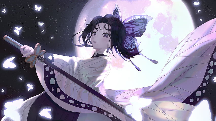 Demon Slayer Butterfly Girl Shinobu Kochou With Sword With Backgound of Bright Moon Dark Sky And Stars Anime, girl with butterflies Tapeta HD