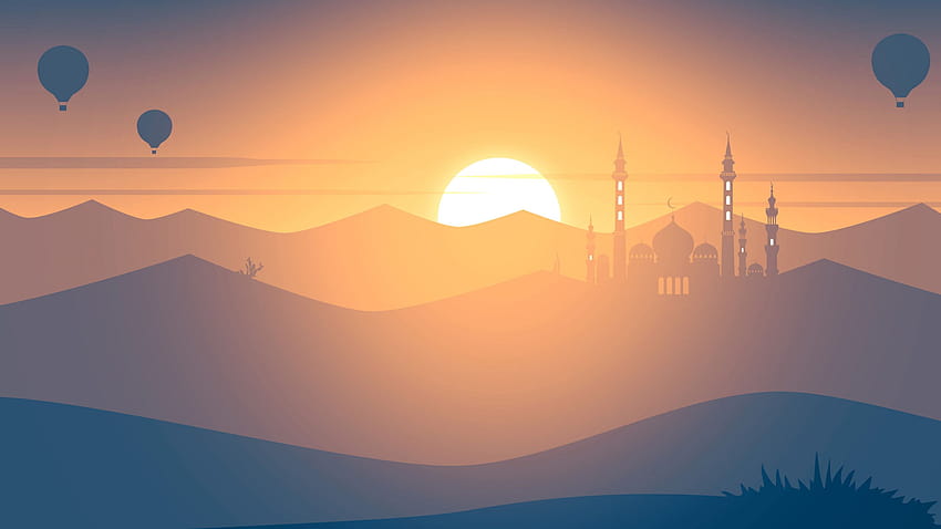 Sunset, Mosque, Hot Air Balloons, Landscape, Minimal, , Background, 34dfa2, minimal orange HD wallpaper