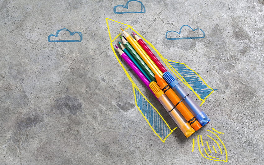 konsep startup, roket kreatif, lepas landas, pensil warna, spidol, mulai dengan resolusi 2880x1800. Kualitas Tinggi Wallpaper HD