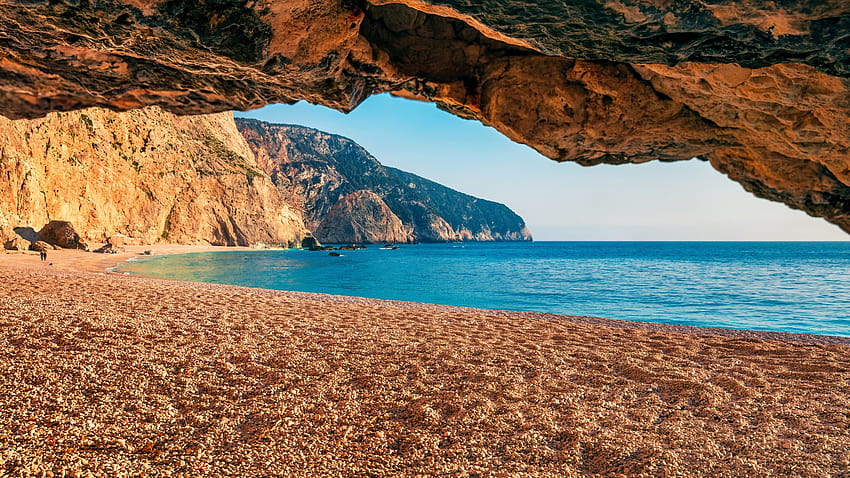 Pemandangan musim semi pagi Pantai Porto Katsiki di Pulau Lefkada, Laut Ionian, Yunani, musim semi Yunani Wallpaper HD