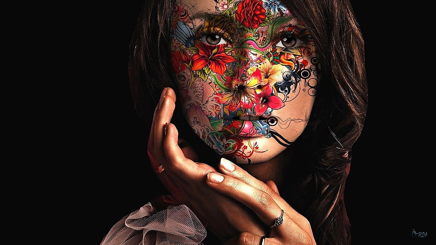 ผู้หญิง วาด ศิลปะ ดอกไม้ สี ใบหน้า ร่างกายทาสี พื้นหลังสีดำ ผู้หญิงทาสี ความคิดสร้างสรรค์ :: ผู้หญิงสีดำทาสี วอลล์เปเปอร์ HD