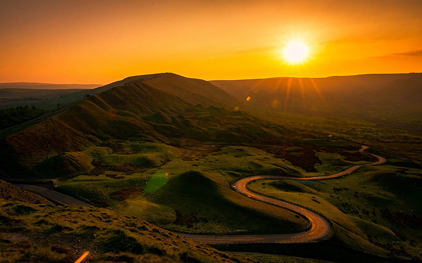 Derbyshire, Peak District, sunset, green hills, sun, road, England with resolution 1920x1200. High Quality HD wallpaper