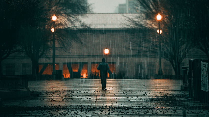 1366x768 uomo, pioggia, solitudine, triste, a piedi, strada, tablet della città, sfondi per laptop, uomo sotto la pioggia Sfondo HD