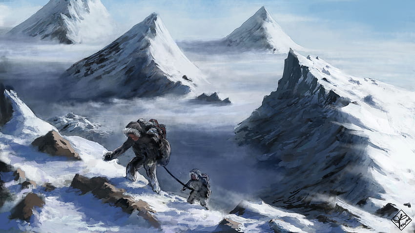 Góry artystyczne wspinacze po górach na szczycie fantasy, zimowa góra anime Tapeta HD