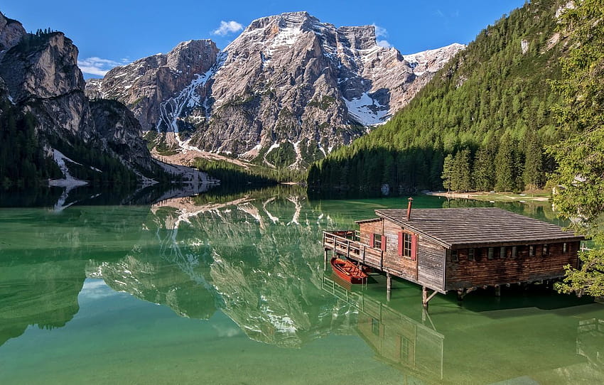 Mountains, lake, reflection, boat, Italy, house, Italy, braies lake ...