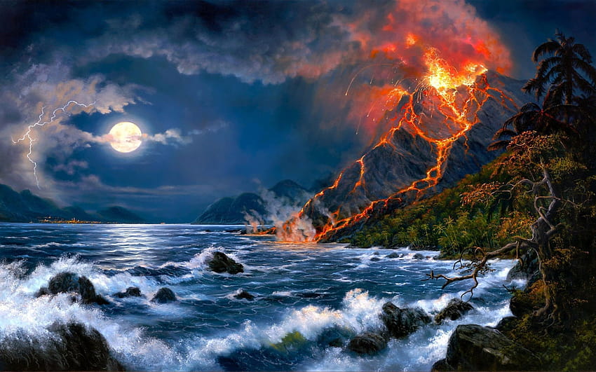 volcano, Mountain, Lava, Nature, Landscape, Mountains, Fire, Artwork, Ocean, Sea, Painting / and Mobile Backgrounds, ocean painting HD wallpaper