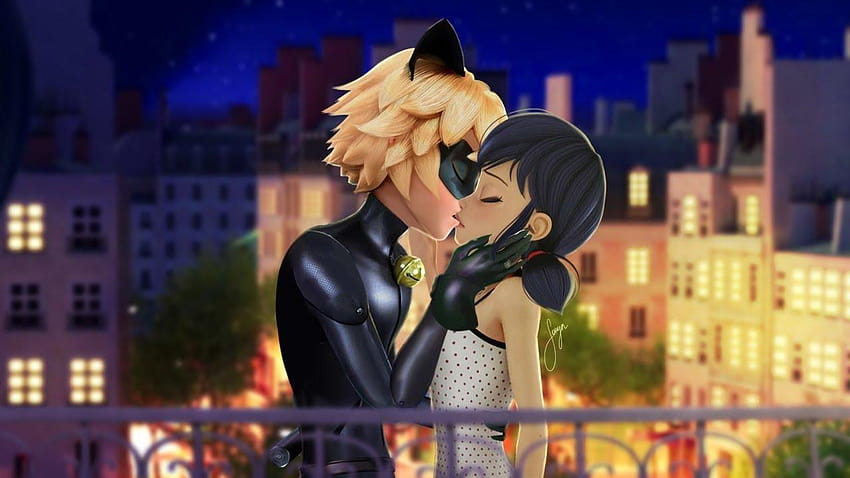 Marinette & Chat Noir kiss, ladybug kissing cat noir HD wallpaper