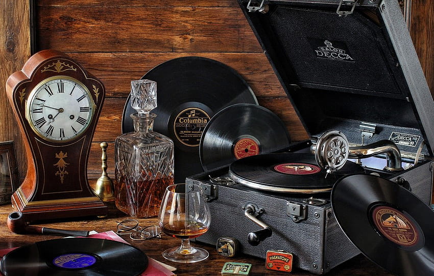 stile, retrò, orologio, vetro, cognac, dischi, vintage, decanter, grammofono , sezione стиль Sfondo HD